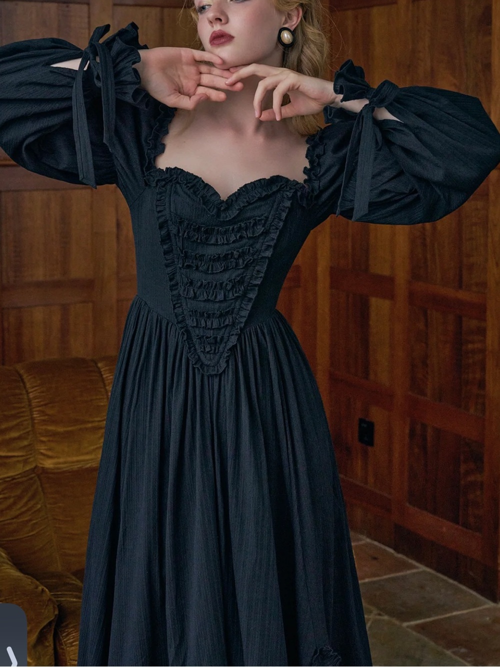 Women's Black Long-Sleeve Ruffled Fallen Angel Corset Midi Dress ‼️‼️